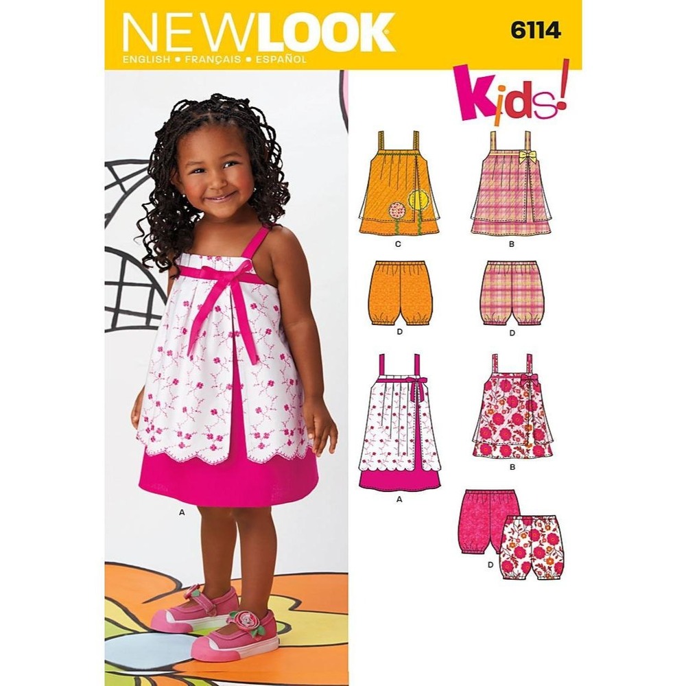 New Look 6114 Sewing Pattern Toddler Size 1/2-4 White Pink Dress Top Shorts